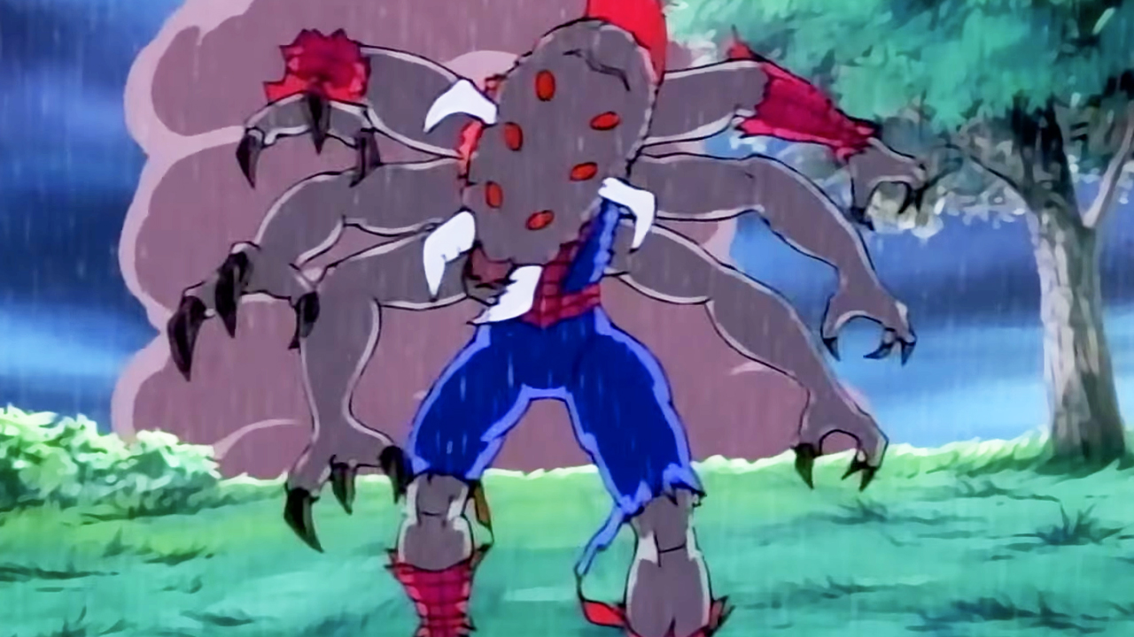 The Man-Spider transformation as it was depicted in the Spider-Man The Animated Series.