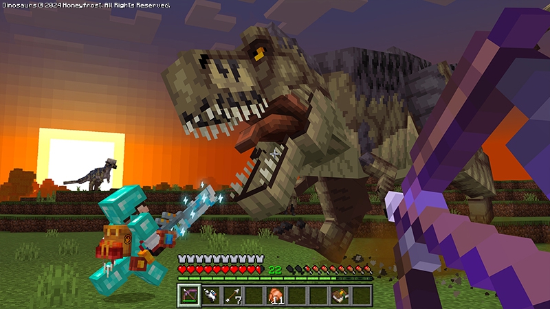 T-rex within Minecraft with a player facing off against it with a sword and another player aiming at it with a bow.