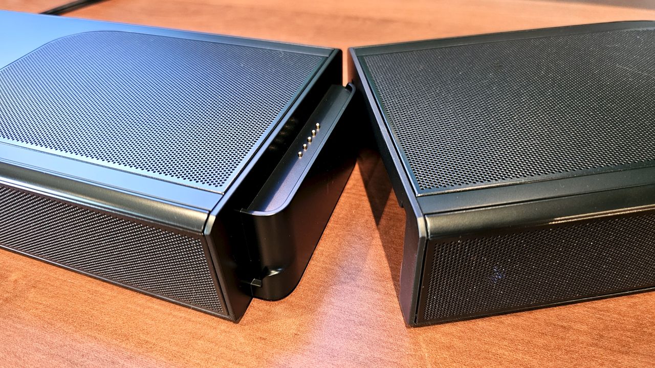 JBL Bar 1000MK2 gallery showing ports and surround speaker docking and power options