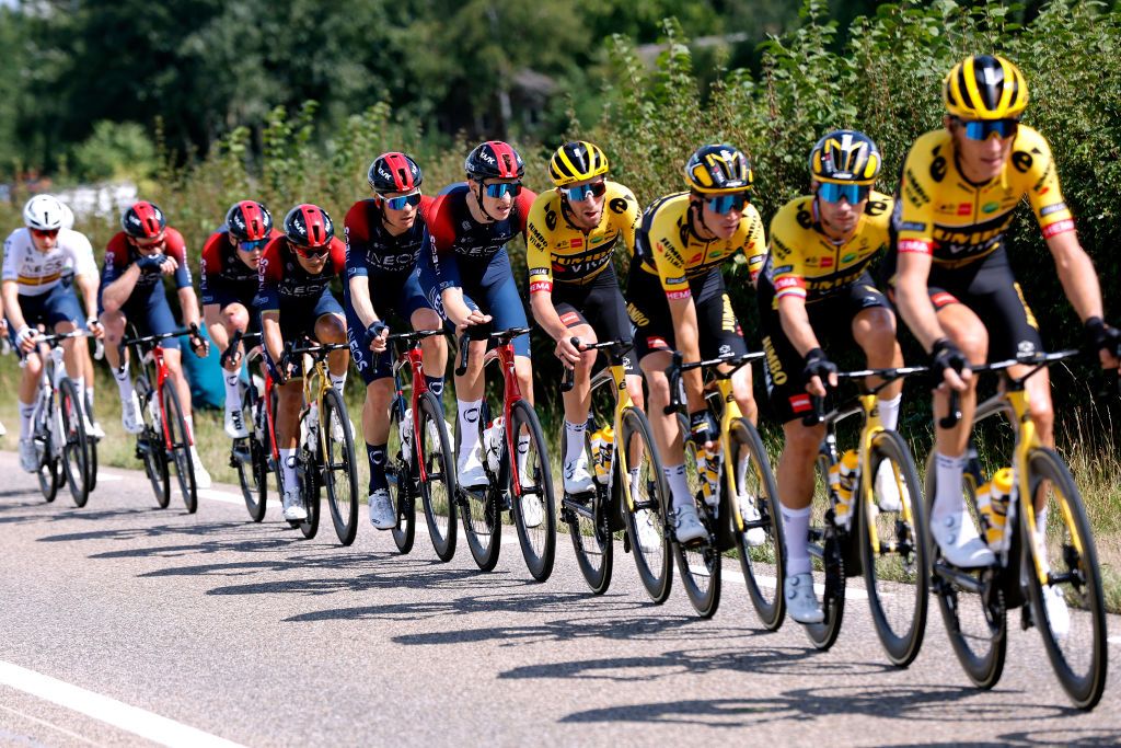 BREDA NETHERLANDS AUGUST 21 LR Dylan Van Baarle of Netherlands Ben Turner of United Kingdom and Team INEOS Grenadiers and Chris Harper of Australia and Team Jumbo Visma compete during the 77th Tour of Spain 2022 Stage 3 a 1932km stage from Breda to Breda LaVuelta22 WorldTour on August 21 2022 in Breda Netherlands Photo by Bas CzerwinskiGetty Images