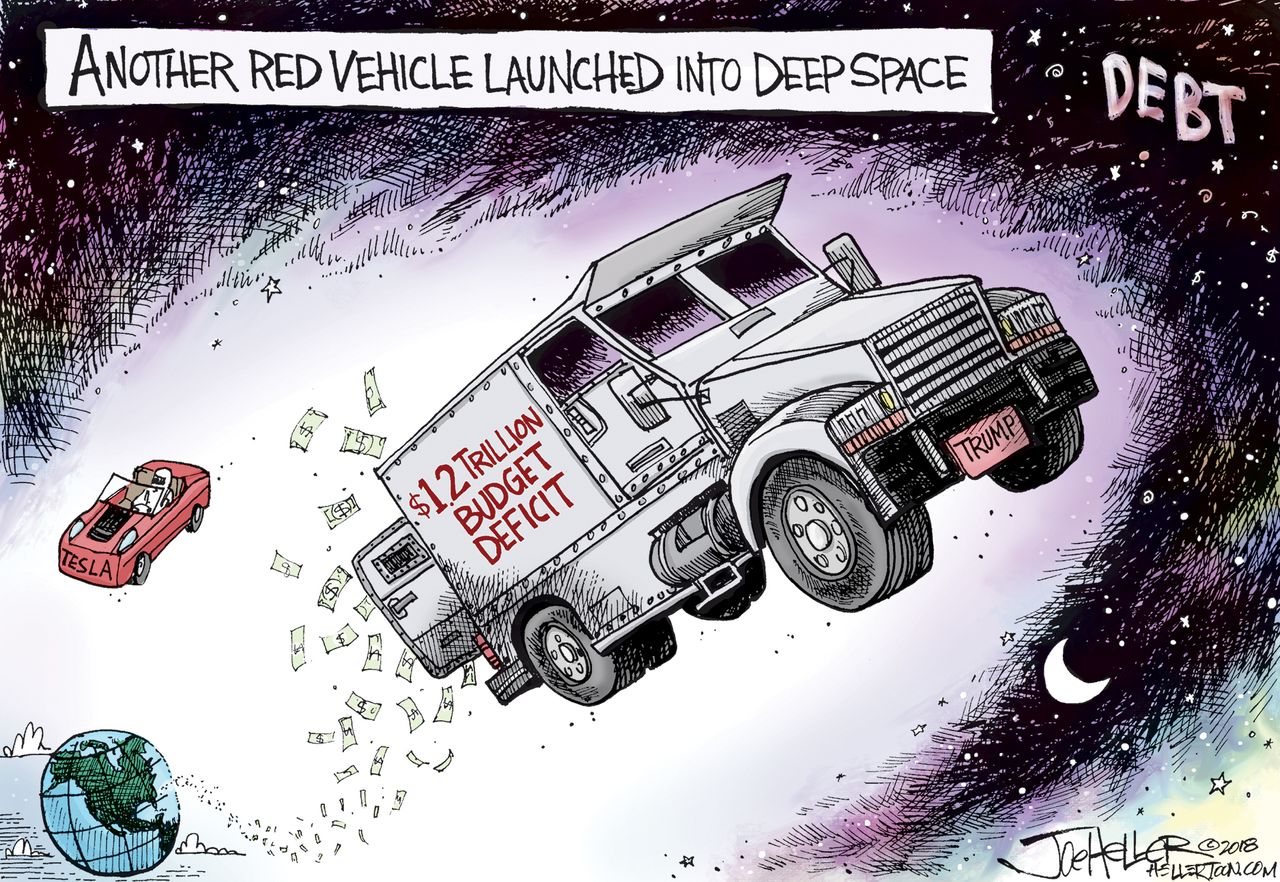 Political cartoon U.S. budget deal deficit Tesla SpaceX Falcon Heavy space