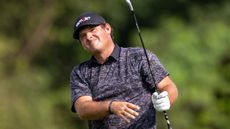 Patrick Reed pictured just after hitting an iron shot at the DP World India Championship 