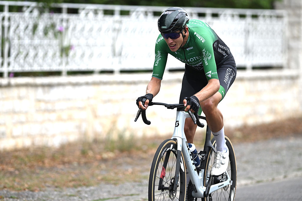 GOND-PONTOUVRE, FRANCE - AUGUST 27: Martijn Rasenberg of Netherlands and Team Parkhotel Valkenburg competes in the breakaway during the 39th Tour Poitou - Charentes en Nouvelle Aquitaine 2025, Stage 2 a 175.5km from Jonzac to Gond-Pontouvre on August 27, 2025 in Gond-Pontouvre, France. (Photo by Luc Claessen/Getty Images)