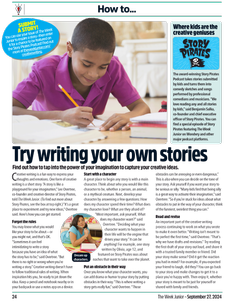 Magazine page featuring image of a boy sat at a desk writing with a pencil