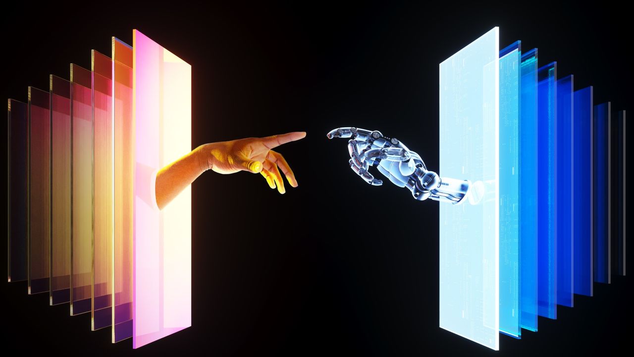 Digital generated image of hand with dark skintone going through portal and touching robotic hand