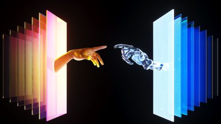 Digital generated image of hand with dark skintone going through portal and touching robotic hand