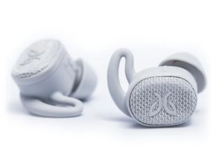 Jaybird Vista 2 headphones are pictured close up in the white on a white background.