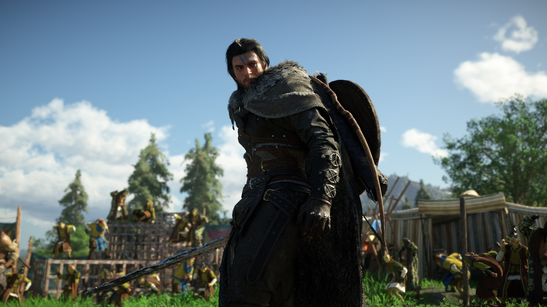 In Crimson Desert, protagonist Kliff Macduff stands in a field armed with a sword and shield