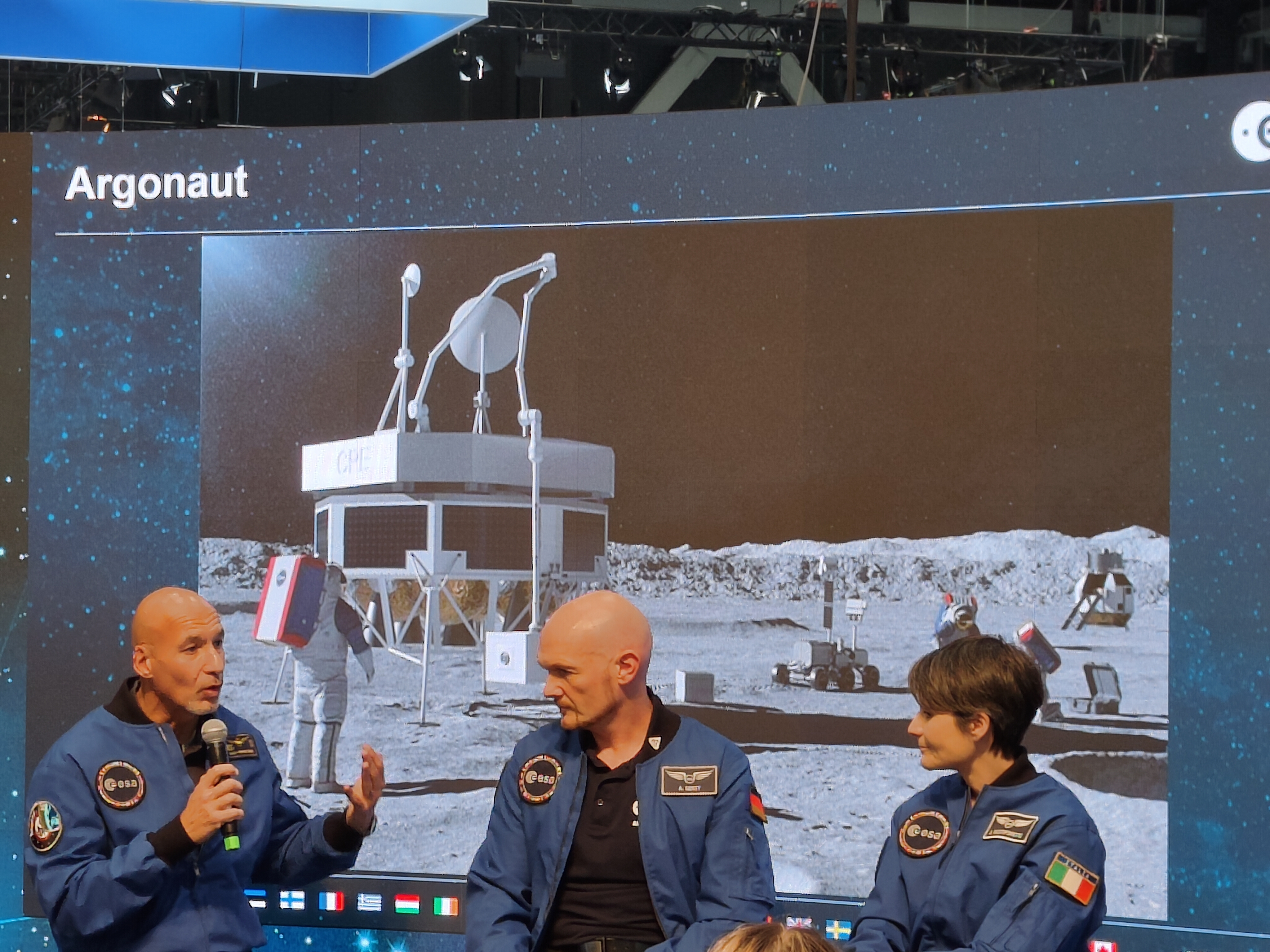 European Space Agency astronauts Luca Parmitano (right), Alexander Gerst (center) and Samantha Cristoforetti (right) discuss Europe's moon exploration plans at the International Astronautical Congress in Milan in October 2024.