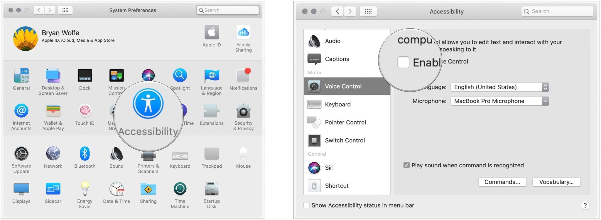 To turn on Voice Control, click on System Preferences on your Mac's dock, then select Accessibility. Tap Voice Control under the Motor section. Finally, check the box for Enable Voice control