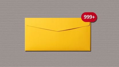 Front view of Message Notification on Yellow Envelope on Gray Paper Background 