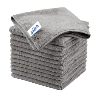 Gray microfiber cloths stacked on top of each other