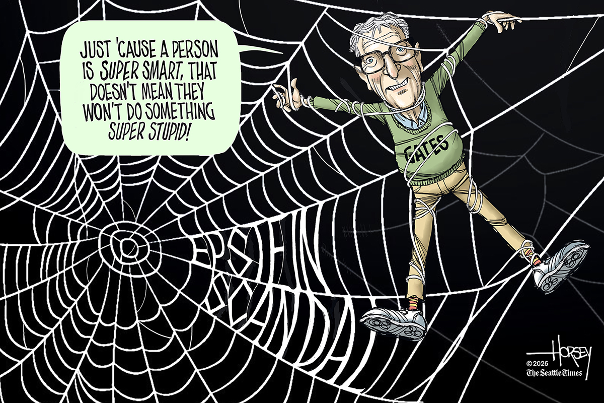Bill Gates is stuck in a spider web in this cartoon. Part of the web spells out &amp;ldquo;Epstein Scandal.&amp;rdquo; A panel reads, &amp;ldquo;Just &amp;lsquo;cause a person is super smart, that doesn&amp;rsquo;t mean they won&amp;rsquo;t do something super stupid!&amp;rdquo;