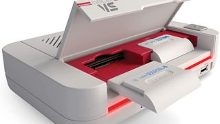 Best retro game consoles; a close up photo of the Evercade VS with carts inserted