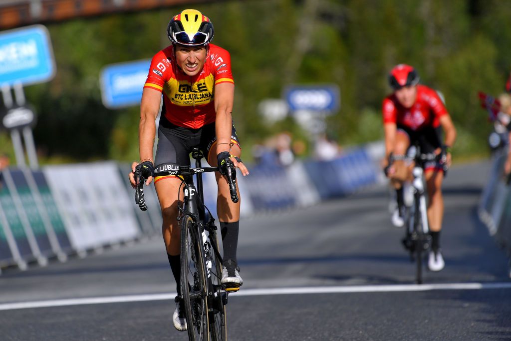 NOREFJELL NORWAY AUGUST 14 Margarita Victoria Garcia Caellas of Spain and Team Ale Btc Ljubljana crosses the finishing line in third place during the 7th Ladies Tour Of Norway 2021 Stage 3 a 145k stage from Drammen to Norefjell 791m LTourOfNorway LTON21 UCIWWT on August 14 2021 in Norefjell Norway Photo by Luc ClaessenGetty Images