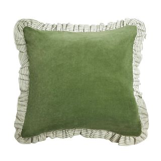 green velvet cushion with stripey ruffled edge from John Lewis