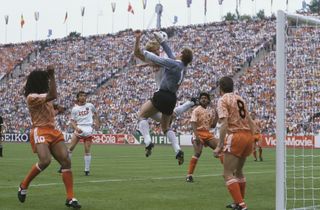 Netherlands goalkeeper Hans van Breukelen makes a save against USSR in the Euro 88 final.