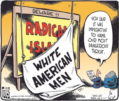 Political cartoon U.S. Las Vegas shooting Islam white men terrorism