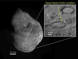 This image shows comet Tempel 1 and the location of an artificial crater created by the Deep Impact mission in 2005.