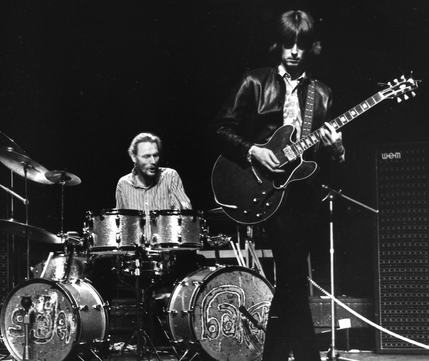 Ginger Baker (left) and Eric Clapton from Cream perform live onstage during their farewell performance at the Royal Albert Hall in London on November 26, 1968