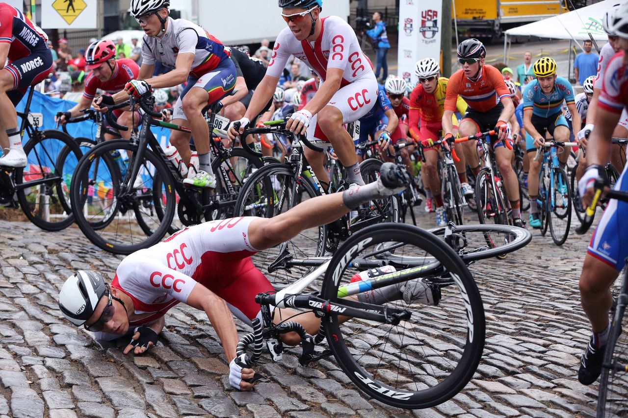 A Polish rider comes unstuck on the cobbles