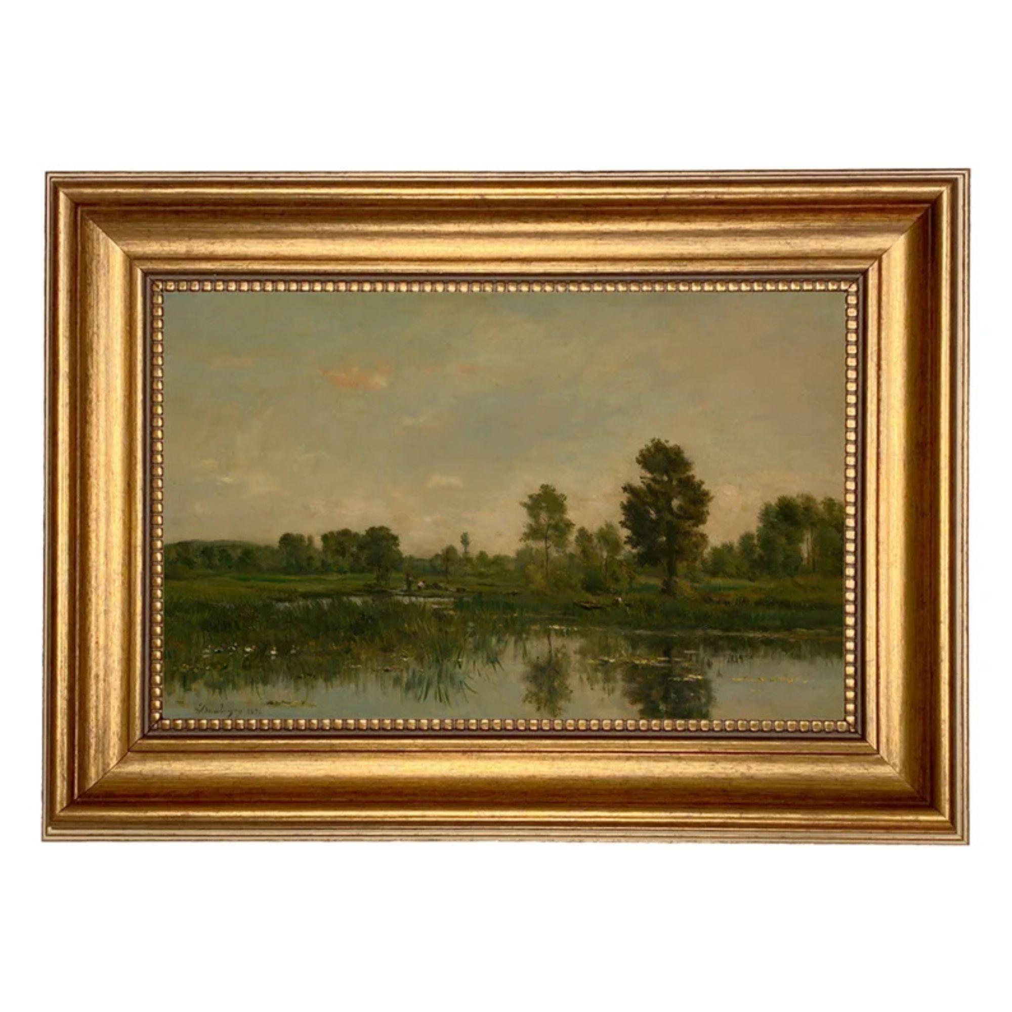 Marsh with Ducks French Landscape Oil Painting Print on Canvas in Antiqued Gold Frame