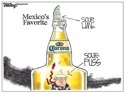 Political Cartoon U.S. Trump Mexico Corona beer wall
