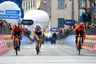 SAN DANIELE DEL FRIULI ITALY OCTOBER 20 Arrival Sprint Enrico Battaglin of Italy and Team Bahrain Mclaren Ben Swift of The United Kingdom and Team INEOS Grenadiers Kamil Malecki of Poland and CCC Team during the 103rd Giro dItalia 2020 Stage 16 a 229km stage from Udine to San Daniele Del Friuli 249m girodiitalia Giro on October 20 2020 in San Daniele Del Friuli Italy Photo by Stuart FranklinGetty Images