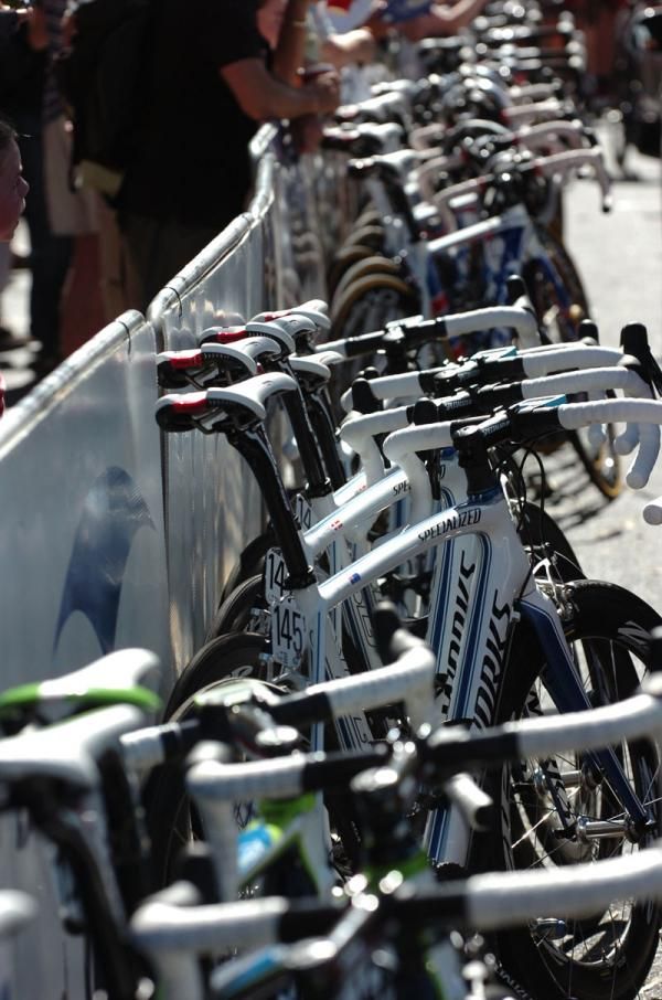 The Saxo Bank SunGard bikes before the start