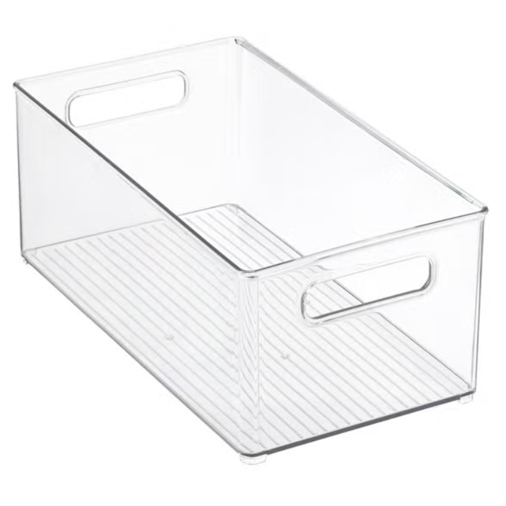 a product photo of a deep clear rectangular storage bin