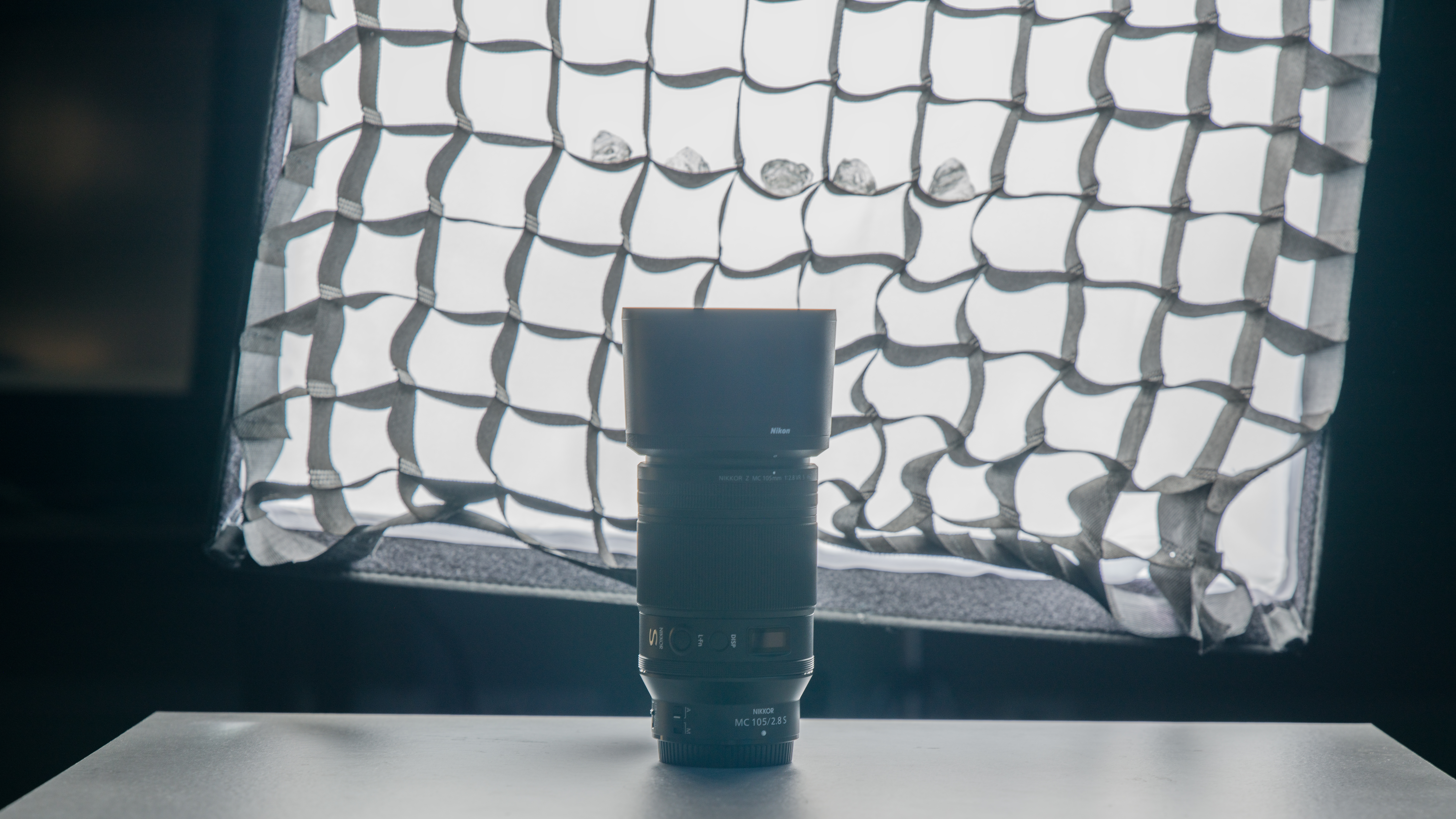 A black lens in front of a softbox light