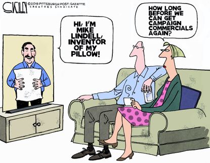 Editorial cartoon U.S. television Mike Lindell My Pillow campaign commercials midterms