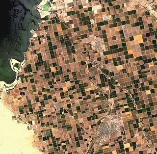The rich agricultural soils of the Imperial Valley in Southern California are a patchwork quilt next to the Salton Sea. The cities of Brawley (bottom right), Westmorland (bottom left) and Calipatria (top) are visible, along with Ramer (top) and Finney Lakes (centre right).