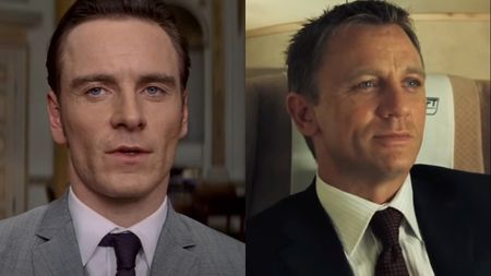 Michael Fassbender looking well dressed and with a cool smile in X-Men: First Class, pictured next to a stern looking Daniel Craig from Casino Royale.