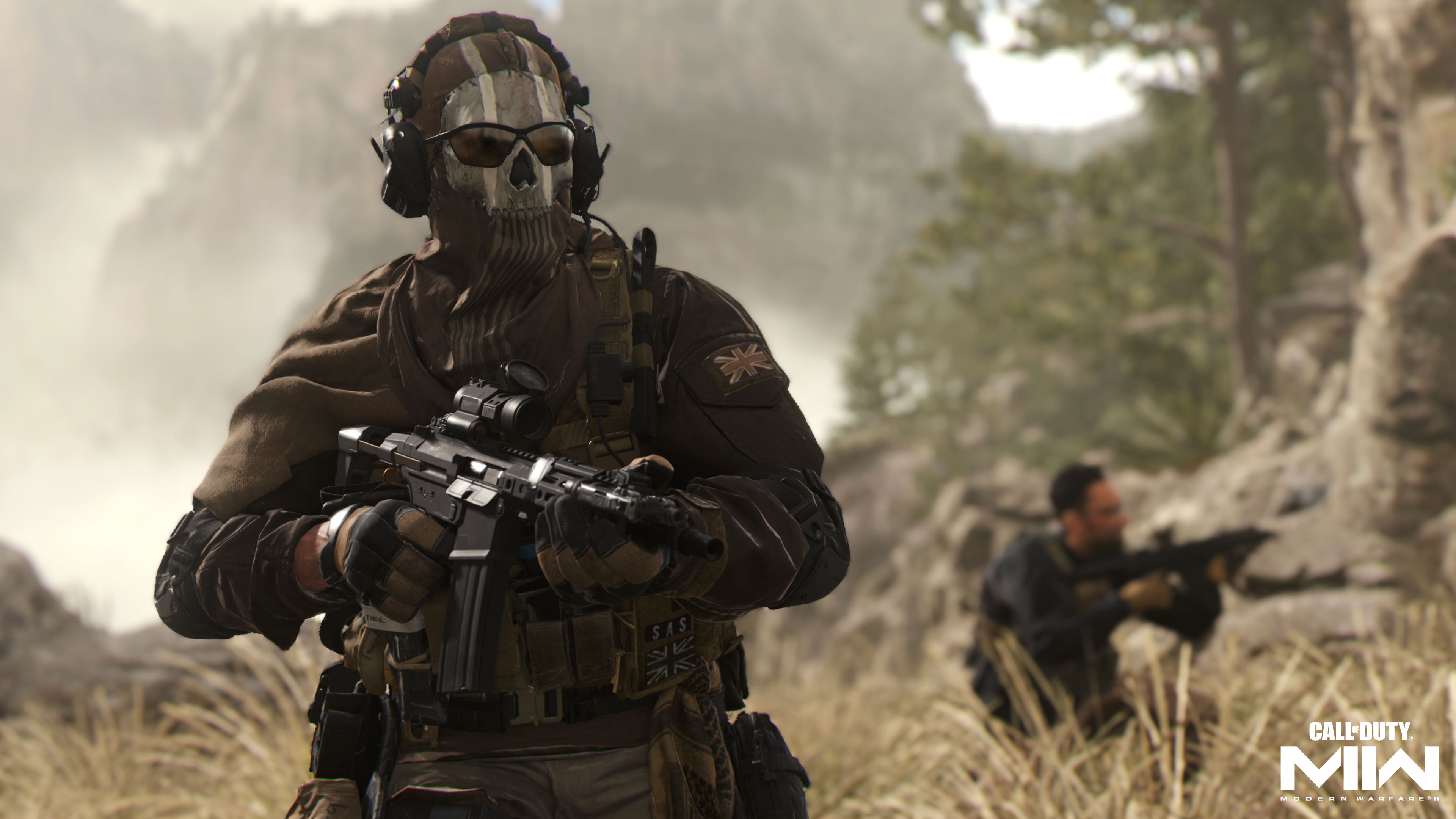 Uma captura de tela para Call of Duty Modern Warfare II que mostra os operadores Ghost e Vargas em um campo.