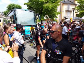 Police watch the crowd as Team Sky complete their warm-up in Mende (Brown)
