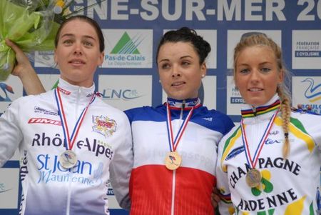 The U23 women's podium topped by Audrey Cordon
