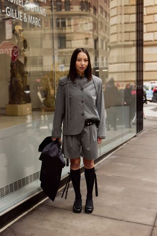 Grey suits street style.