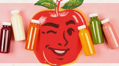 Photo collage of several bottles of different juices. In the middle, there is a vintage illustration of a red apple with a cheeky grin, winking.