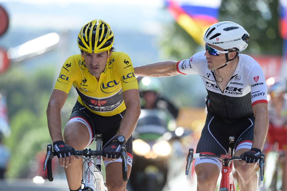 6 July 2015 102nd Tour de France Stage 03 : Anvers - Huy CANCELLARA Fabian (SUI) Trek, Maillot Jaune IRIZAR Markel (ESP) Trek Photo : Yuzuru SUNADA