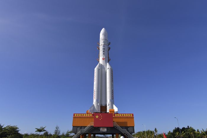 The Chinese Long March-5 rocket carrying China&#039;s Tianwen-1 Mars mission rolls out to the launch pad on July 17, 2020.