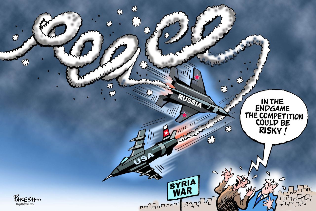 Political cartoon U.S. Russian-American relations Syrian war