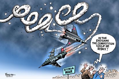 Political cartoon U.S. Russian-American relations Syrian war