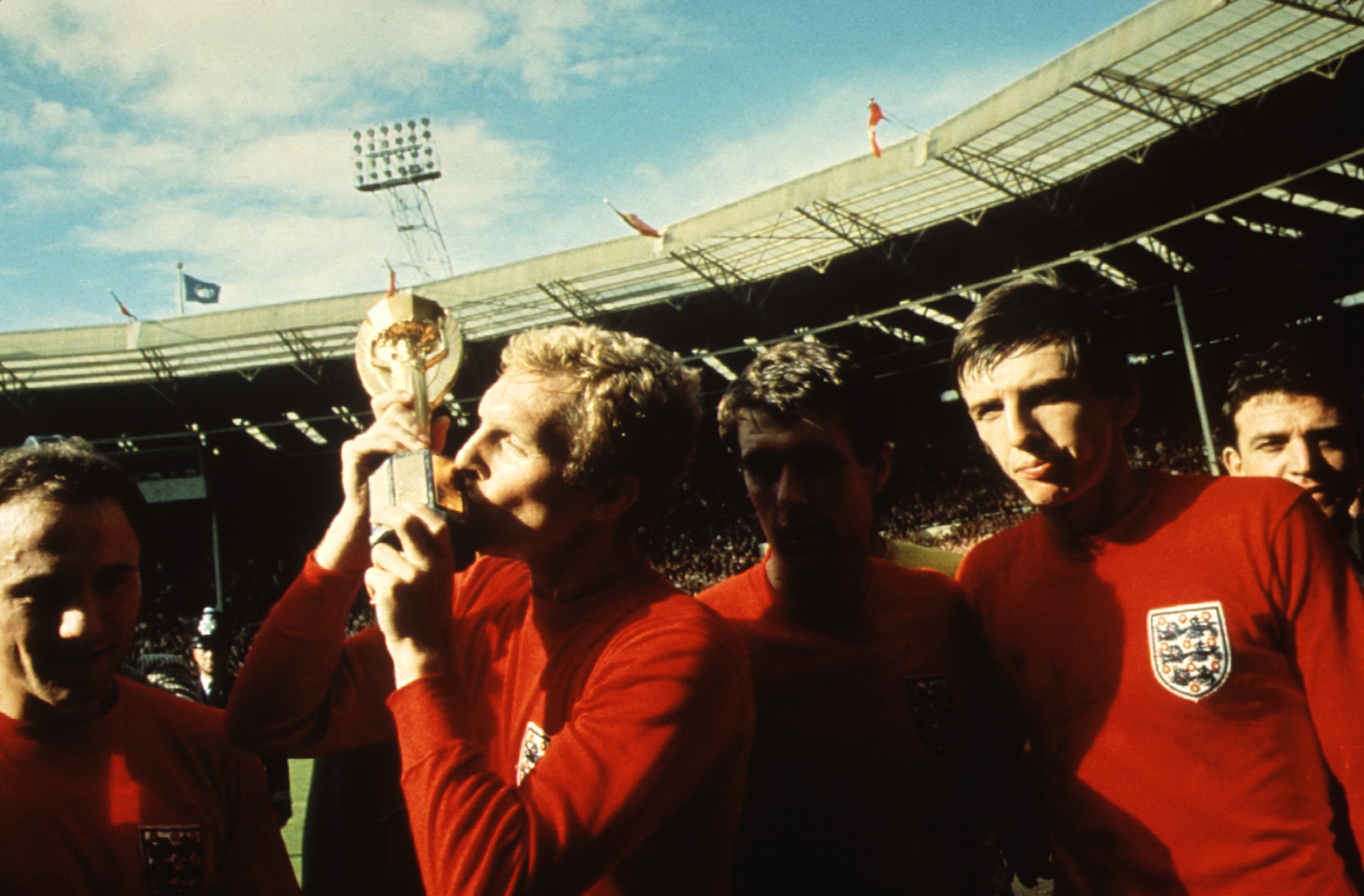 England captain Bobby Moore kisses the Jules Rimet trophy after the Three Lions' victory over West Germany in the 1966 World Cup final.