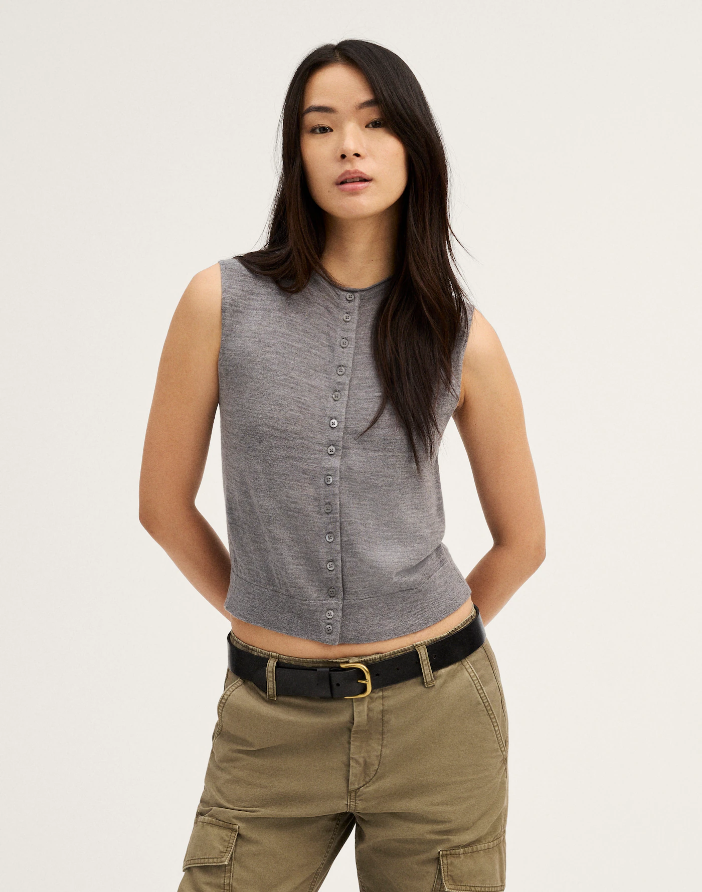 Button-Front Sleeveless Cardigan