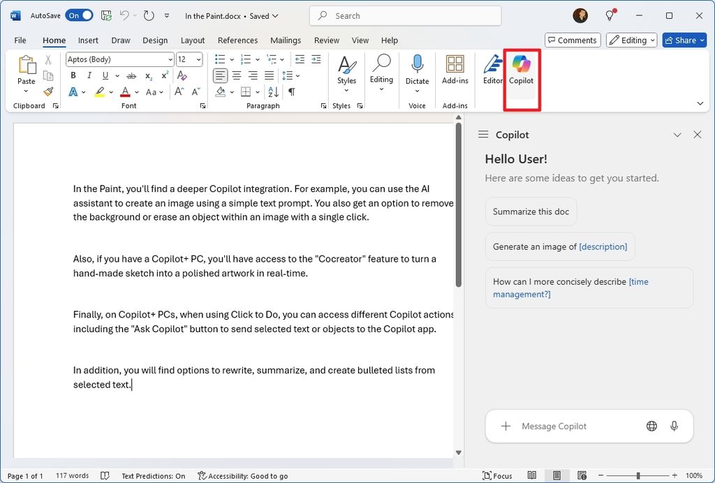 Microsoft Word Copilot option