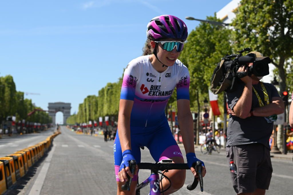 PARIS FRANCE JULY 24 Ruby RosemanGannon of Australia and Team Bikeexchange Jayco reacts after the 1st Tour de France Femmes 2022 Stage 1 a 817km stage from Paris Tour Eiffel to Paris Champslyses TDFF UCIWWT on July 24 2022 in Paris France Photo by Dario BelingheriGetty Images