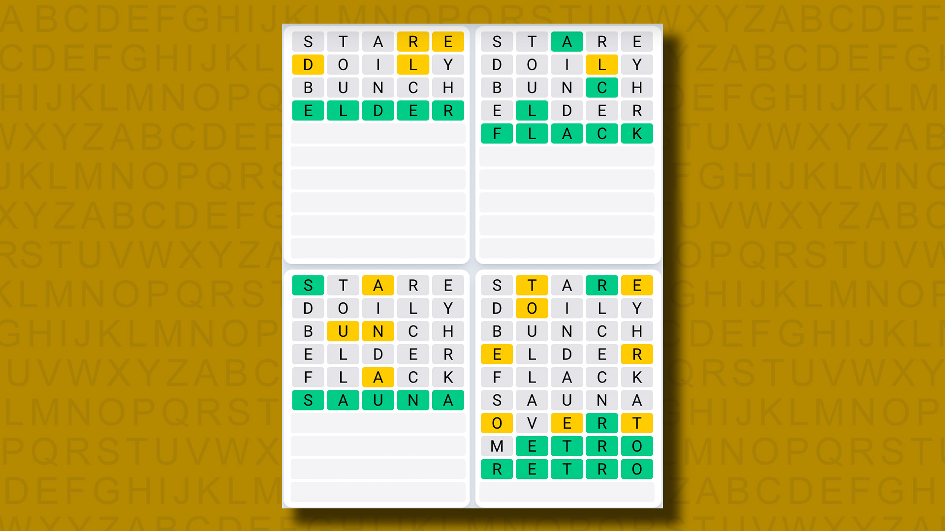 Respuestas de la secuencia diaria de Quordle para el juego 862 sobre un fondo amarillo