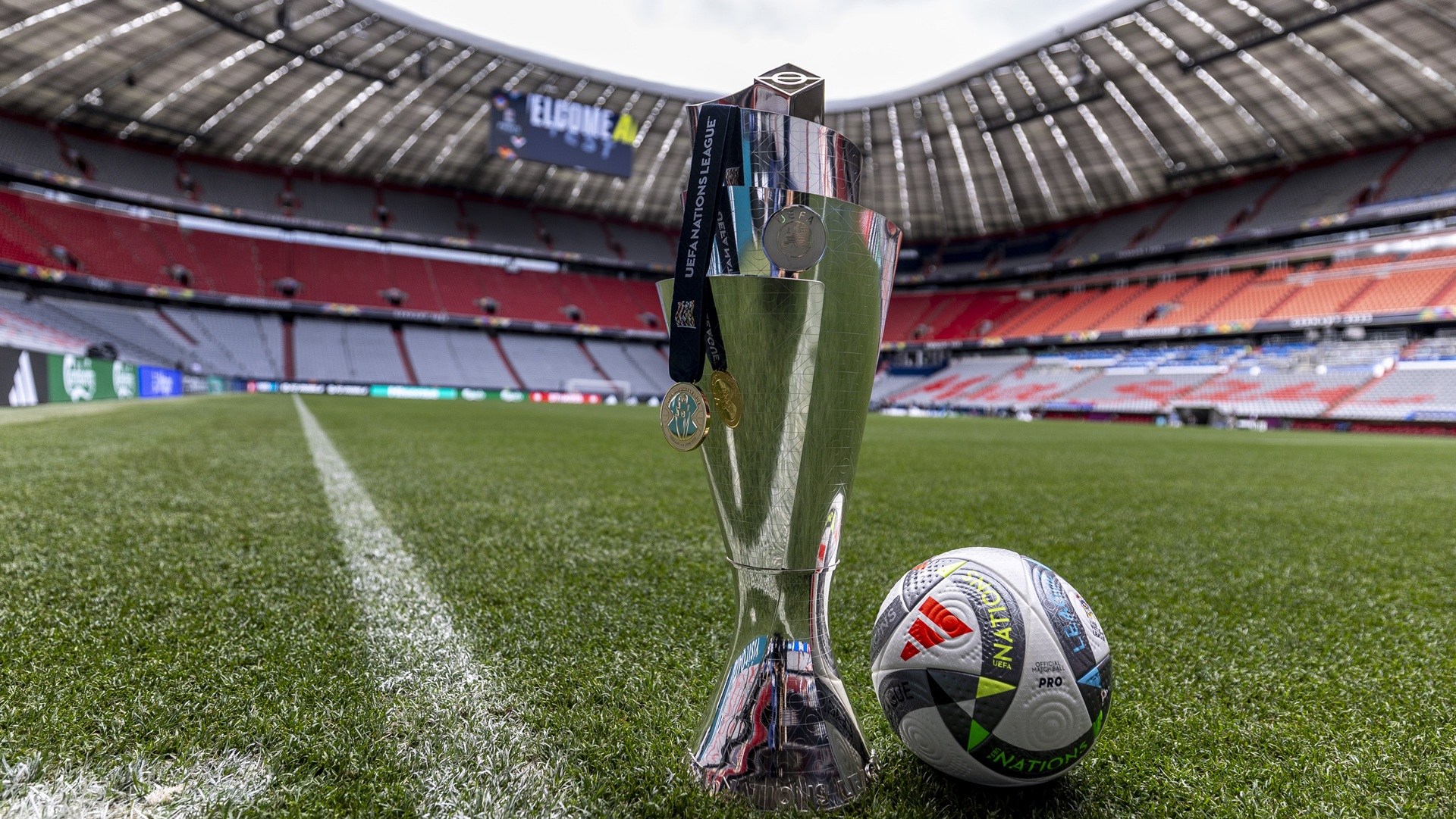 The UEFA Nations League trophy with medal is seen ahead of the UEFA Nations League Finals 2025