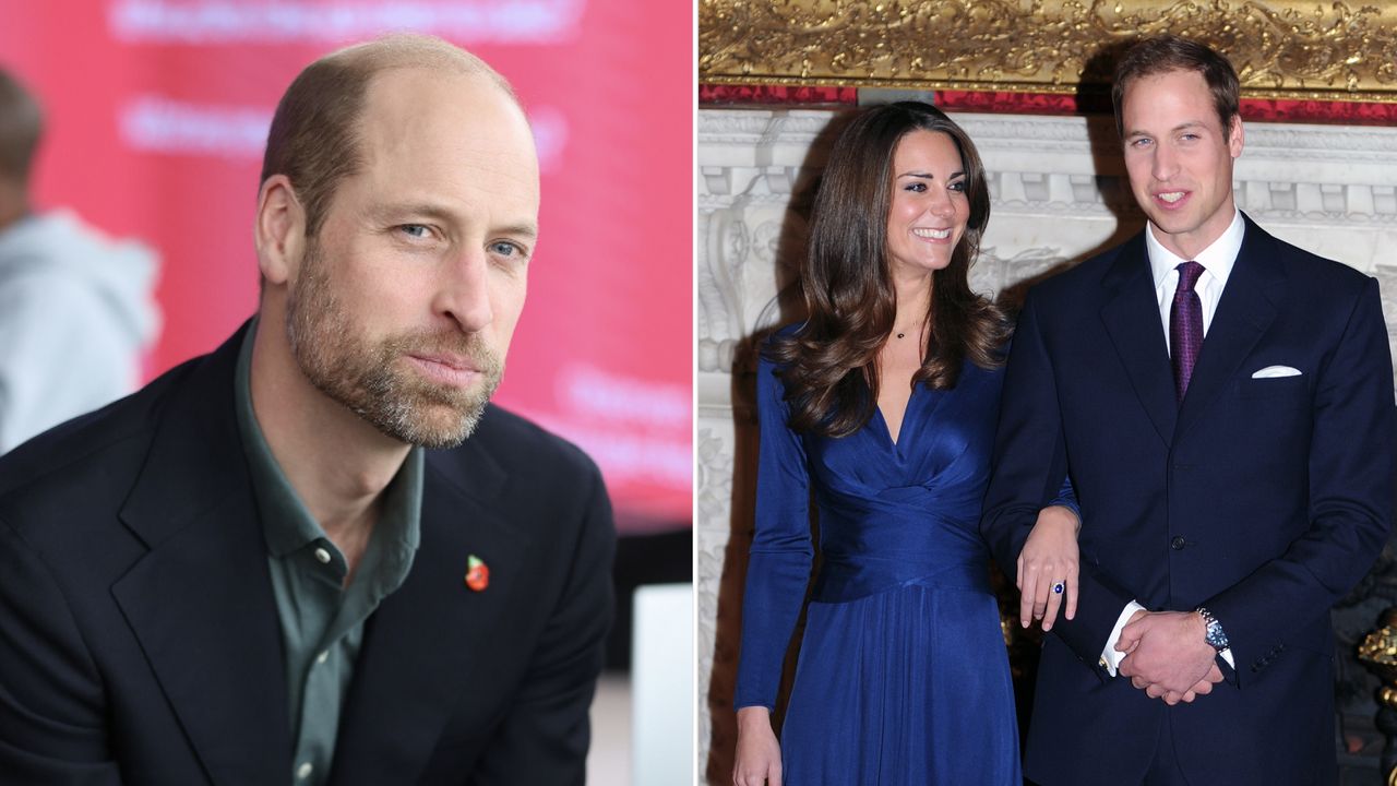 Kate Middleton wears a blue dress to debut Princess Diana&#039;s sapphire engagement ring in 2010, given to her by Prince William who wears a dark suit with a red tie, and in 2024, a bearded Prince William wears a suit jacket and open shirt to reflect on proposing to Princess Kate